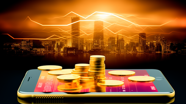 App with coins on top. City sklyine in the distance.