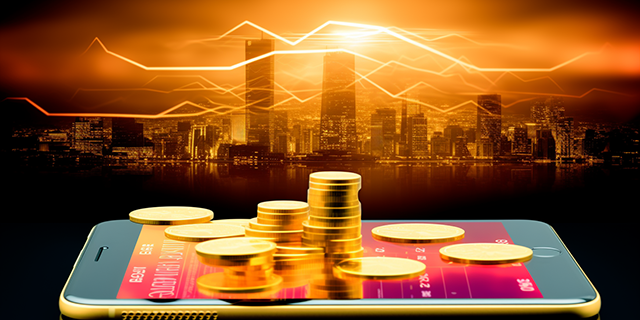 App with coins on top. City sklyine in the distance.