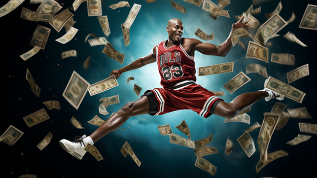 Michael Jordan jumping over money